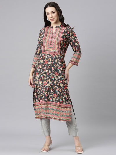 Neerus Grey Straight Casual Floral Kurtas