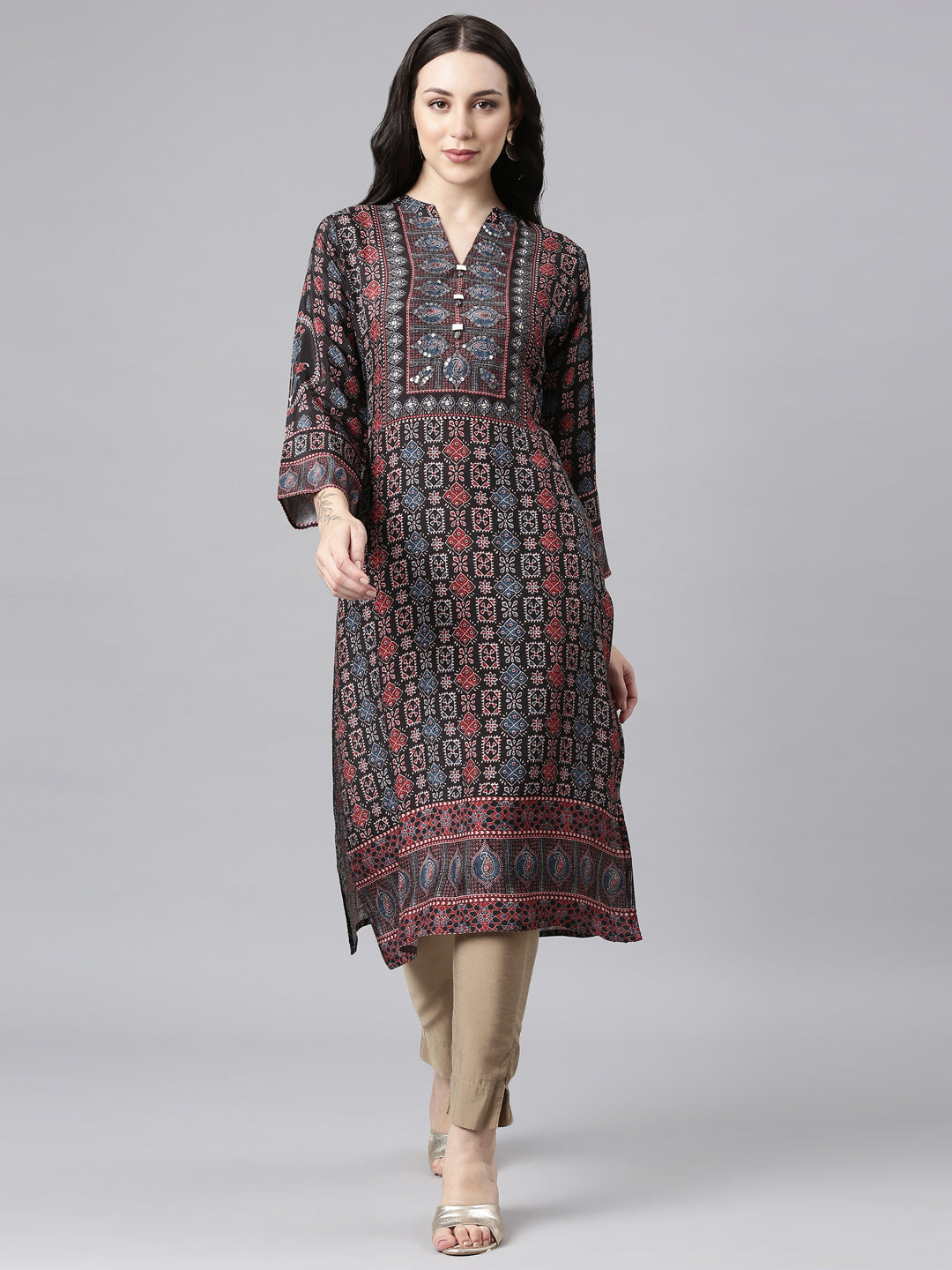 Neerus Black printed floral straight kurta - front view