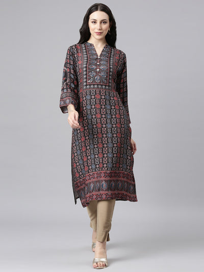 Neerus Black Straight Casual Floral Kurtas