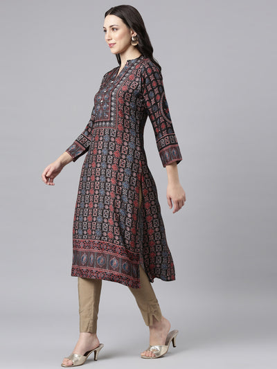 Neerus Black Straight Casual Floral Kurtas