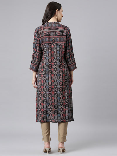 Neerus Black Straight Casual Floral Kurtas