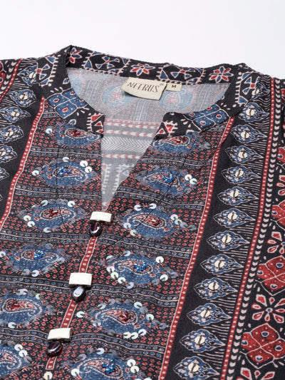 Neerus Black Straight Casual Floral Kurtas