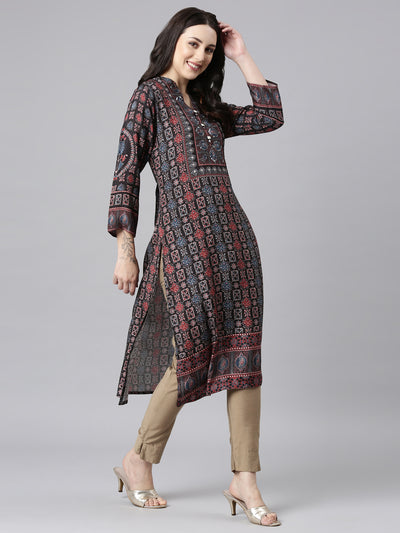Neerus Black Straight Casual Floral Kurtas