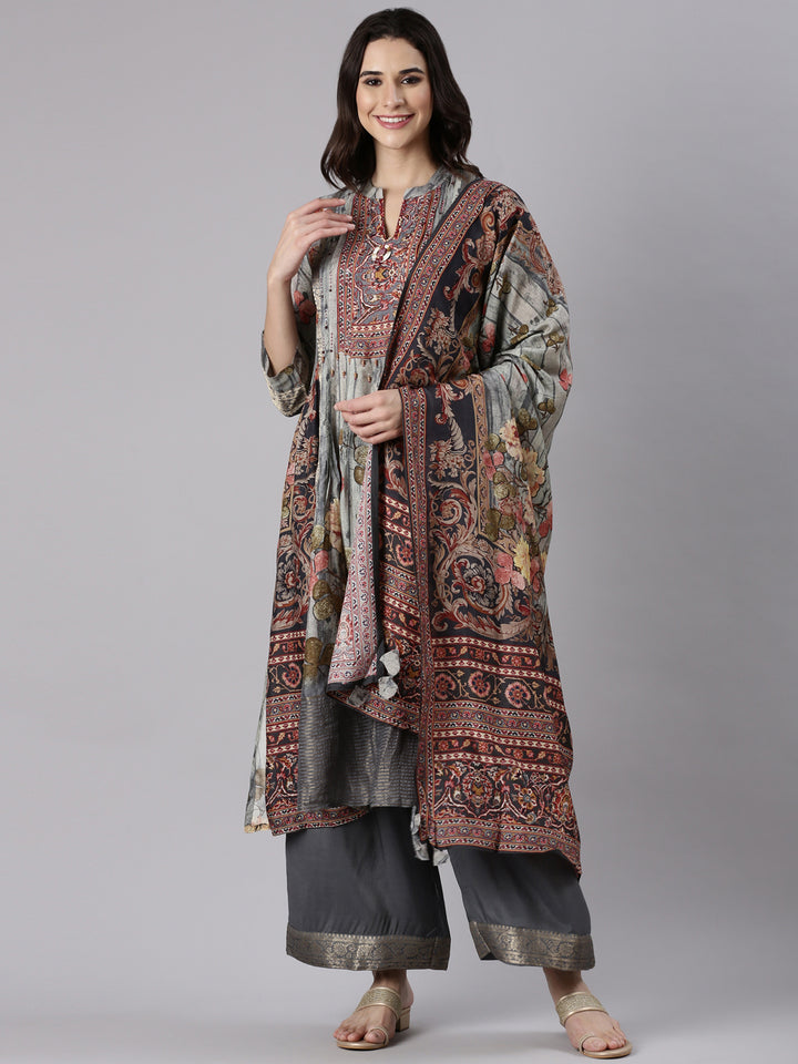 Gray Silk Ajrak Print Three Piece Set