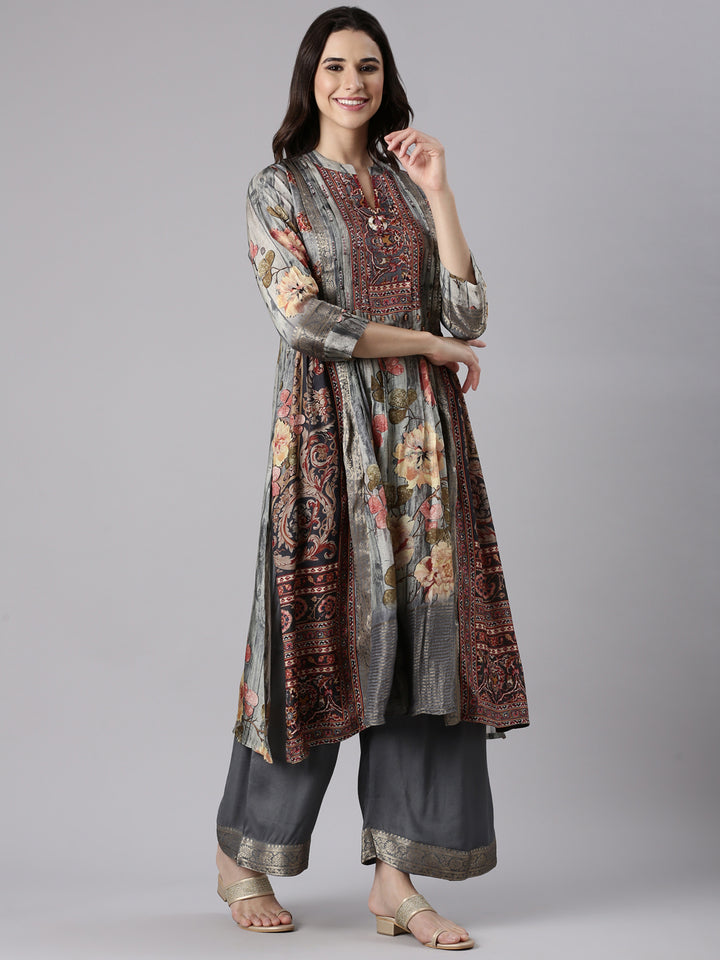 Gray Silk Ajrak Print Three Piece Set