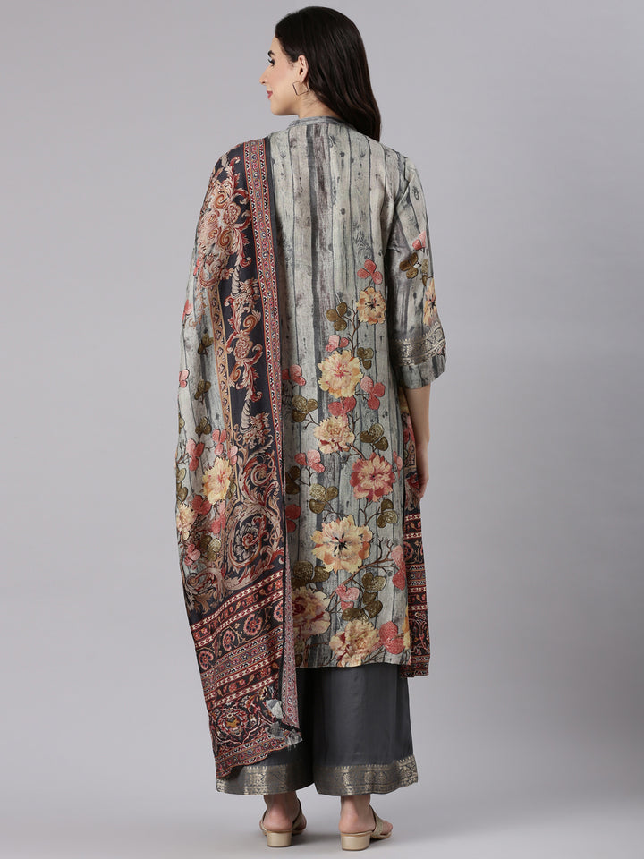 Gray Silk Ajrak Print Three Piece Set