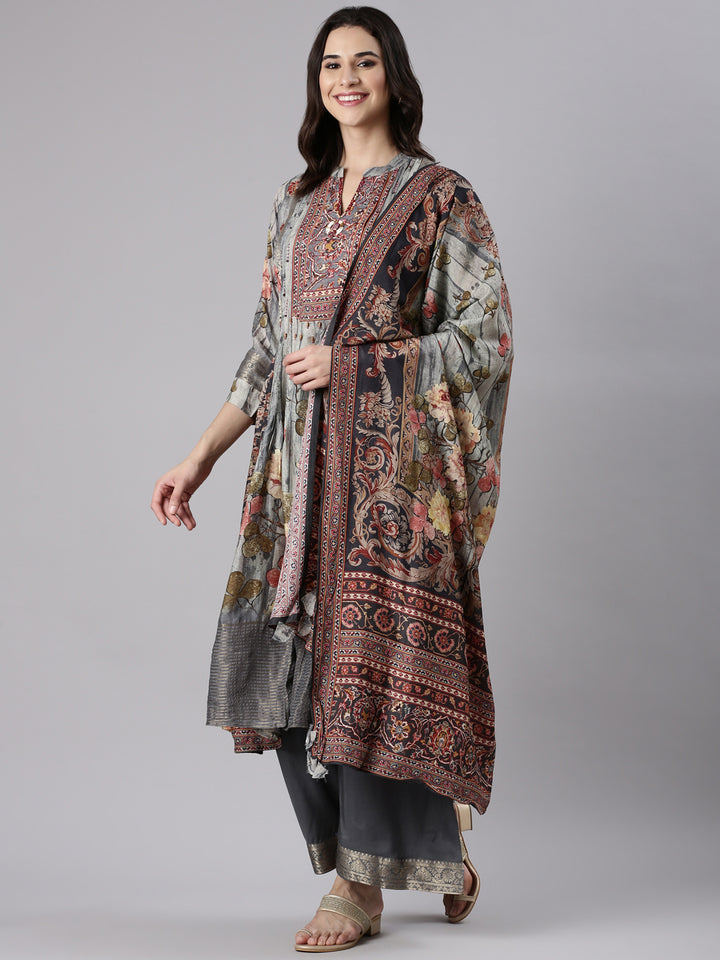 Gray Silk Ajrak Print Three Piece Set
