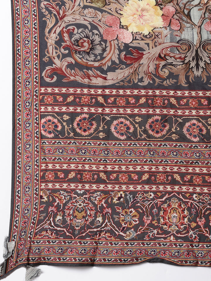 Gray Silk Ajrak Print Three Piece Set