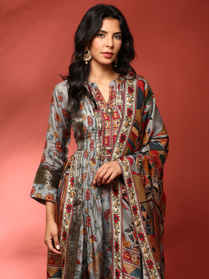 Grey Kalamkari Silk A-line three piece suit set