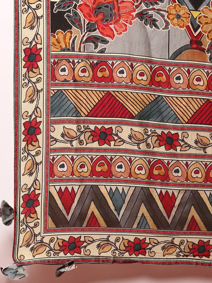 Grey Kalamkari Silk A-line three piece suit set