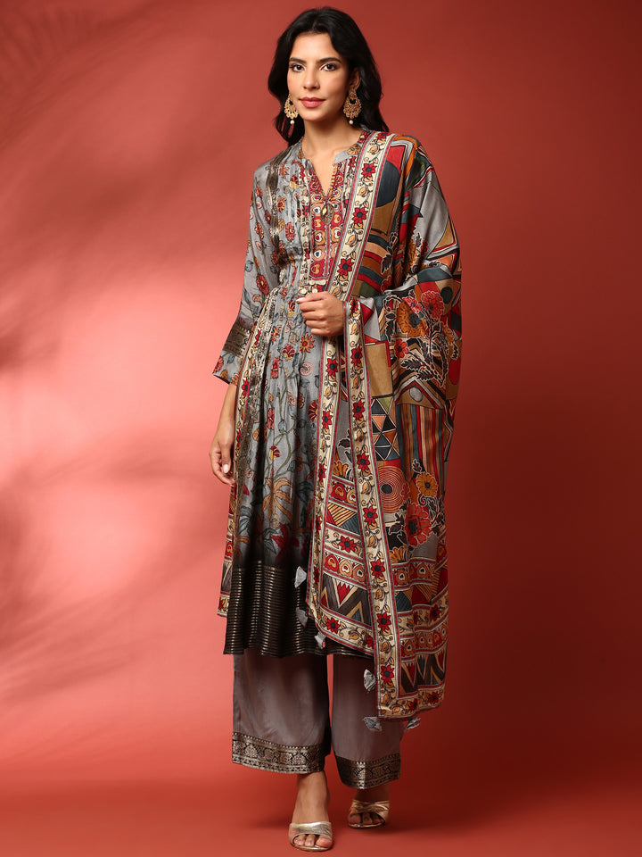 Grey Kalamkari Silk A-line three piece suit set