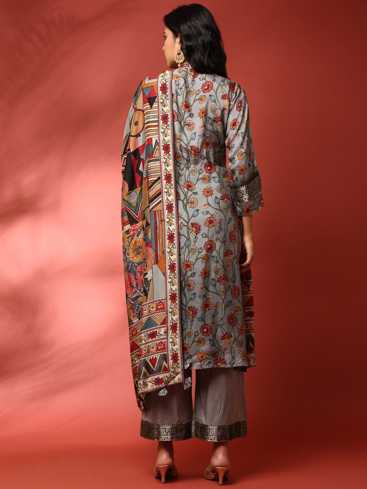 Grey Kalamkari Silk A-line three piece suit set