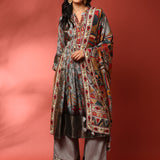 Grey Kalamkari Silk A-line three piece suit set