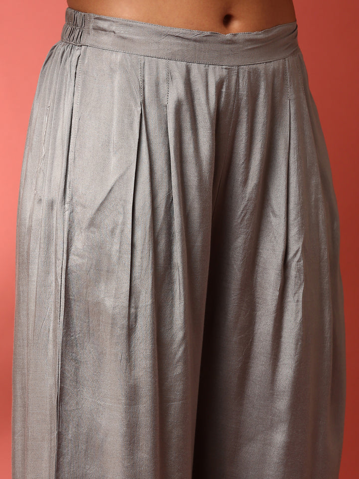 Grey Kalamkari Silk A-line three piece suit set