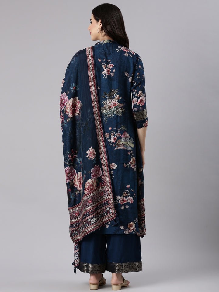 Blue Muslin Printed Three Piece Set