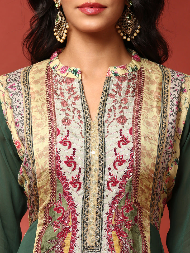 Green and Mustard digital printed embroidered anarkali three piece set