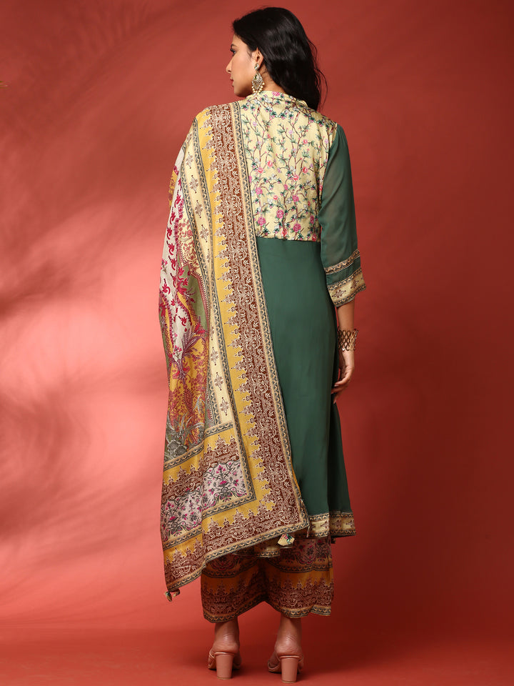 Green and Mustard digital printed embroidered anarkali three piece set