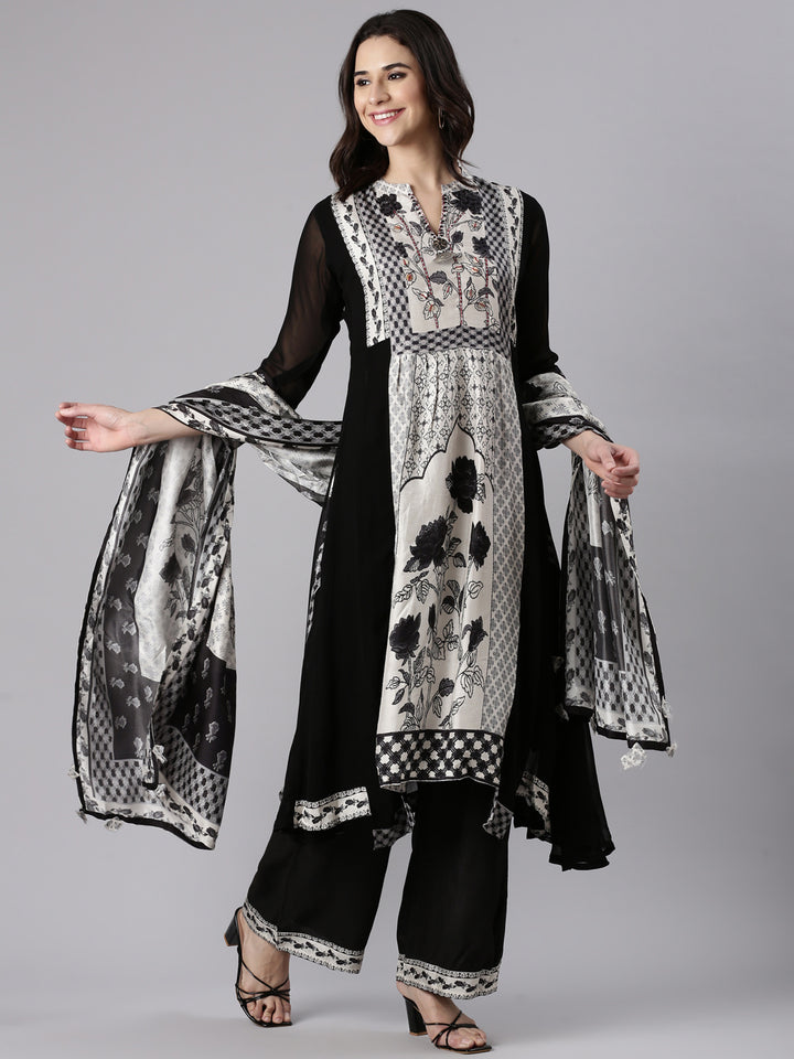 Black Georgette Printed Three Piece Set