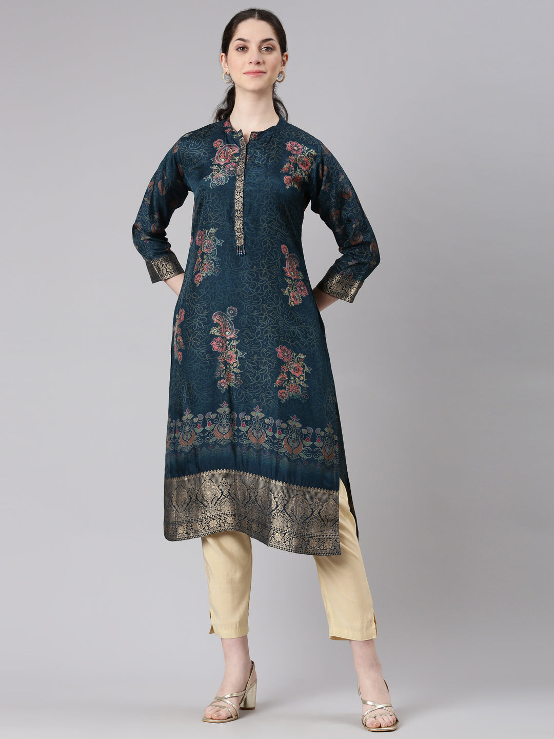 Neerus Blue floral printed straight kurta - front view