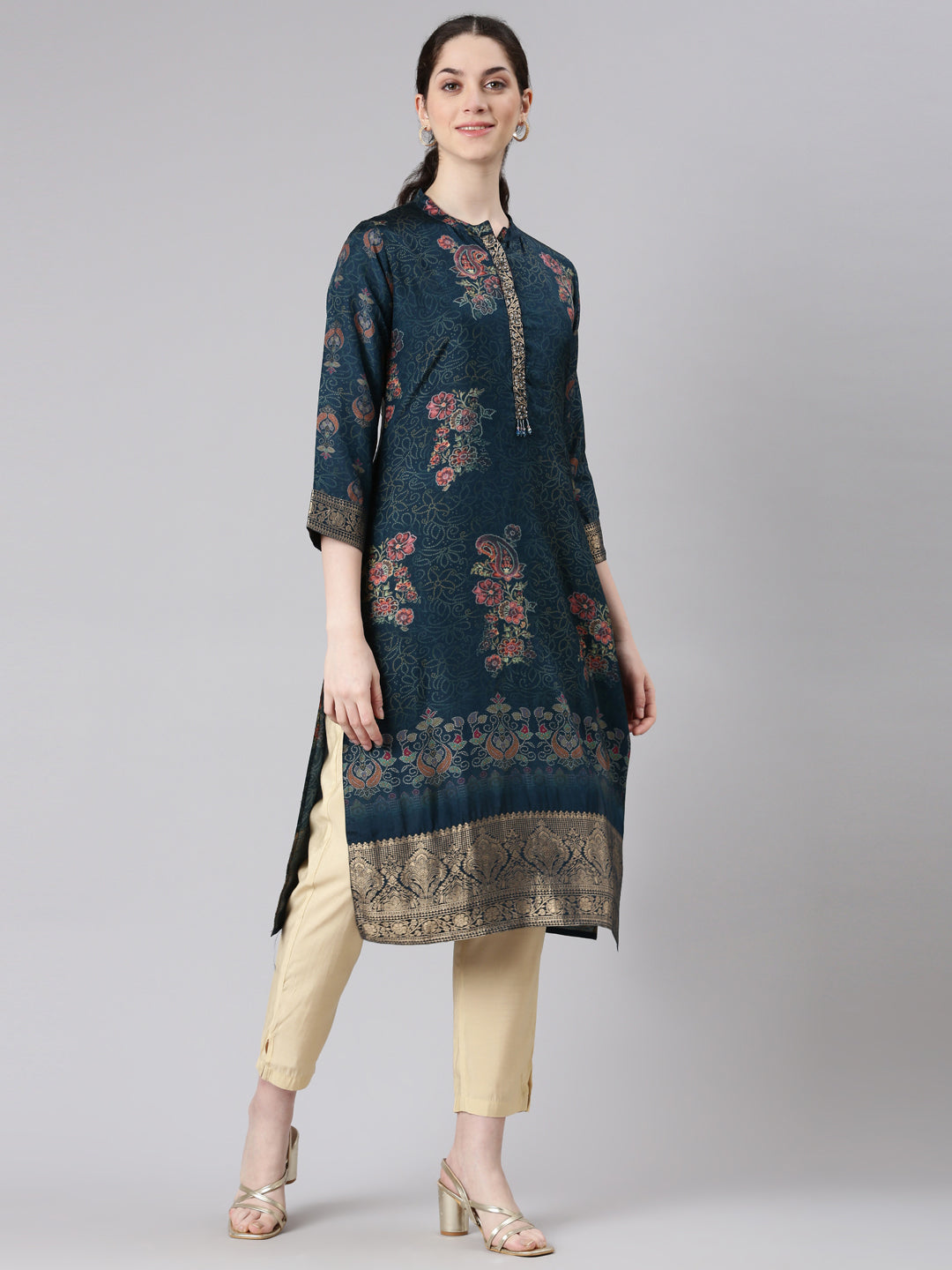 Neerus Blue floral printed straight kurta - back view