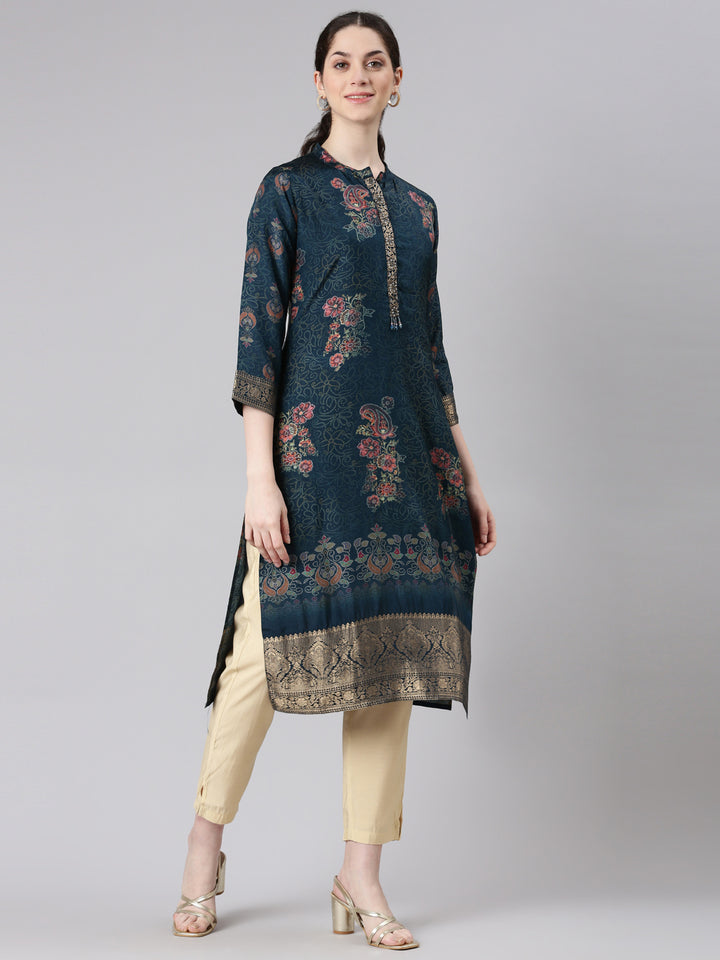 Neerus Blue floral printed straight kurta - back view
