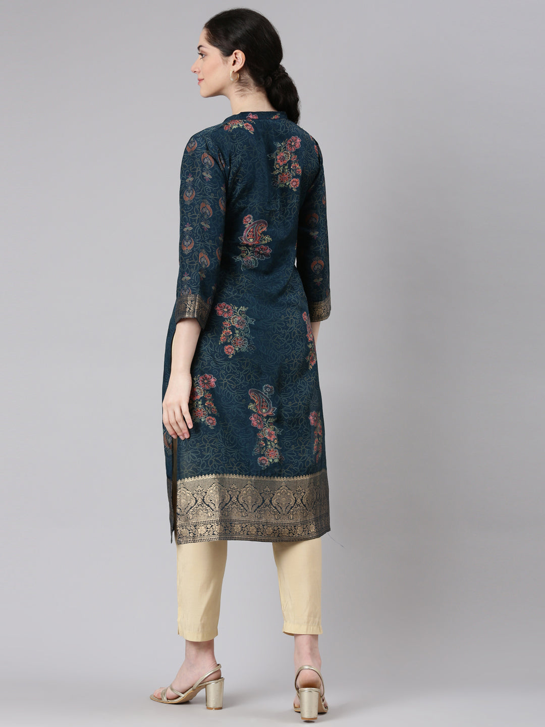 Neerus Blue floral printed straight kurta - side view