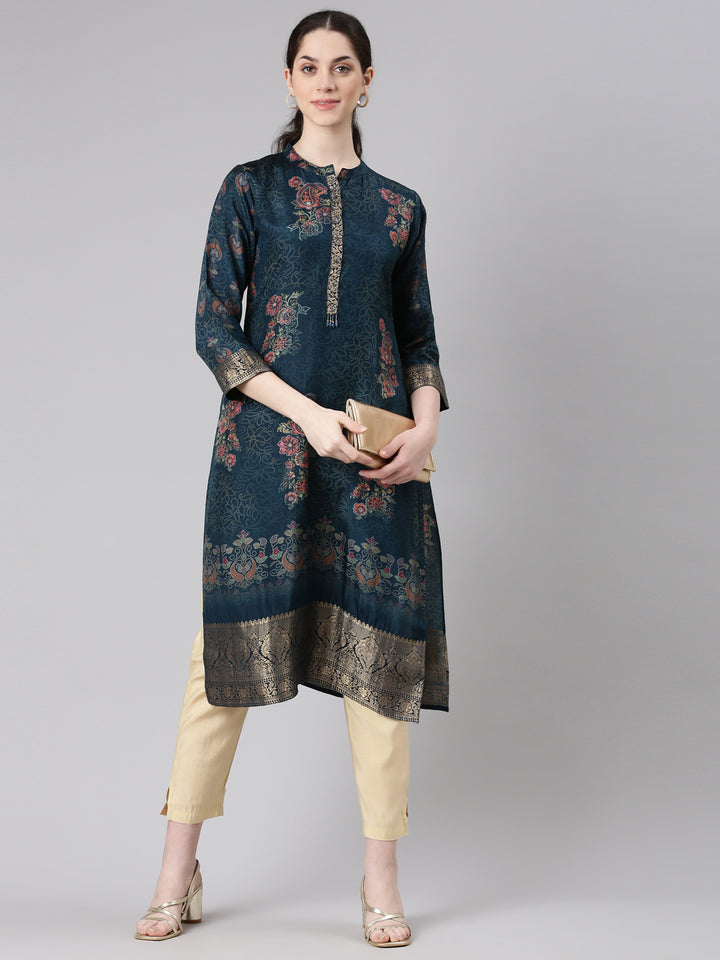 Neerus Blue floral printed straight kurta - detail view 2
