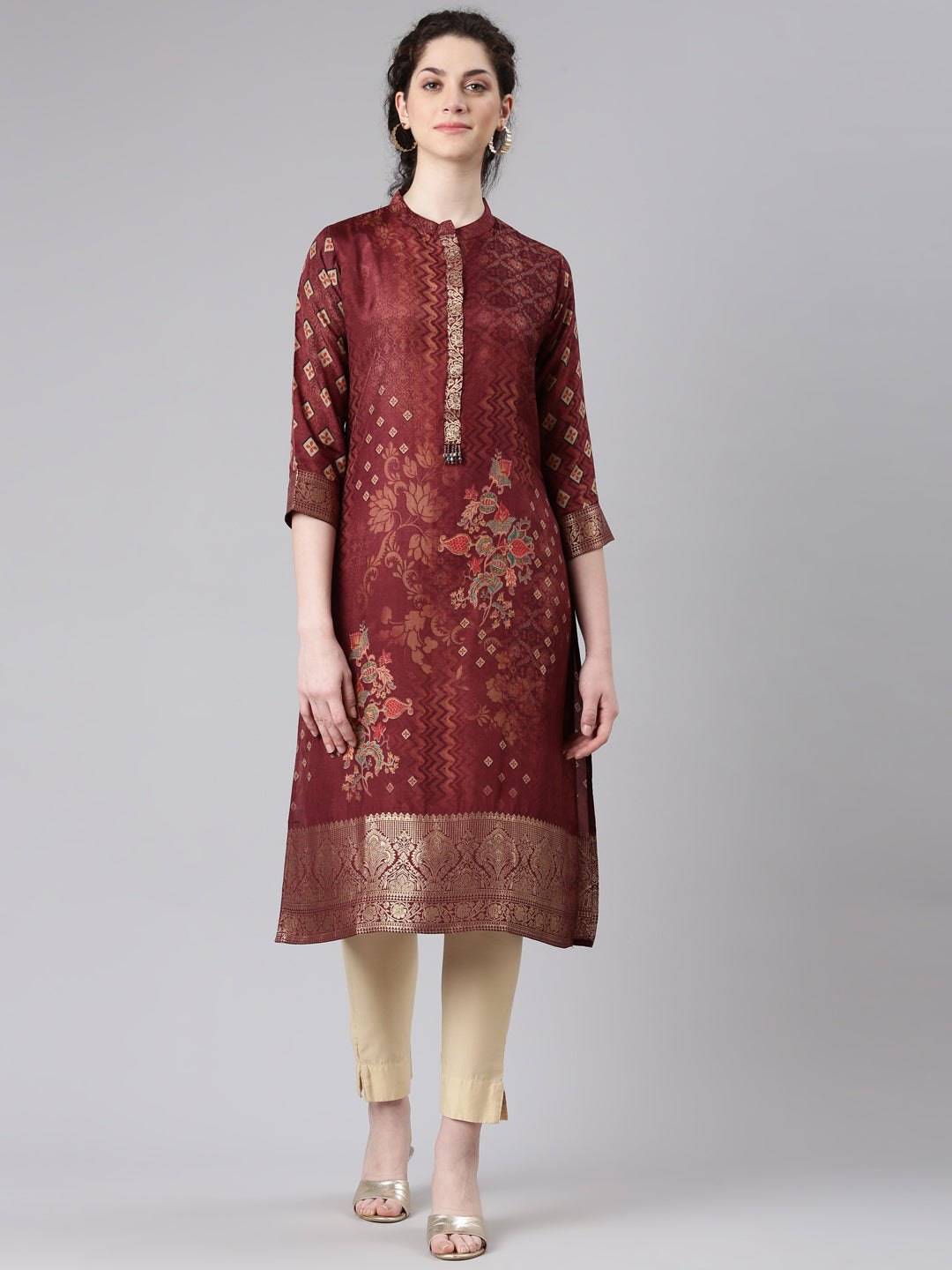 Neerus Maroon floral printed straight kurta - front view