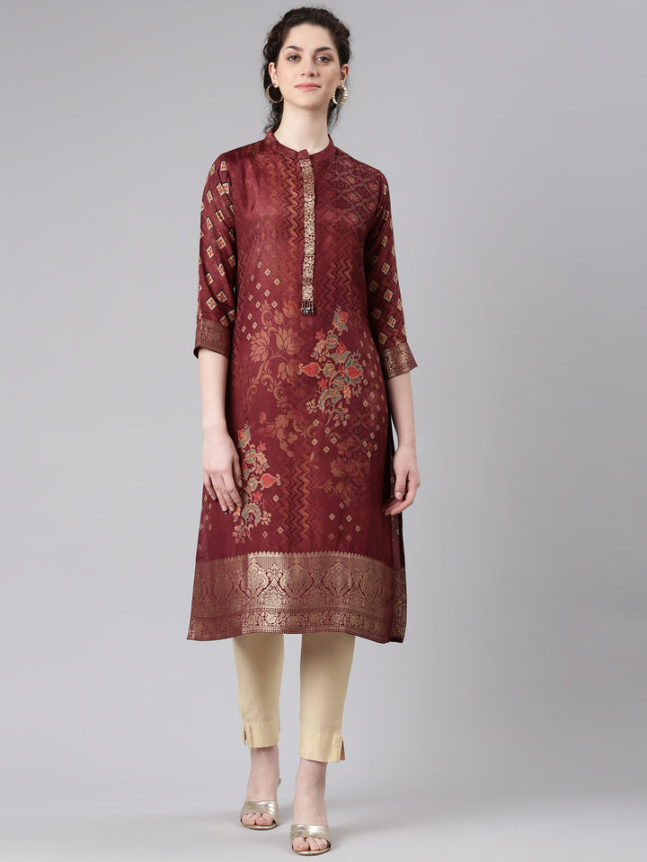 Neerus Maroon floral printed straight kurta - front view