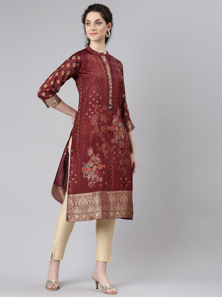 Neerus Maroon floral printed straight kurta - back view