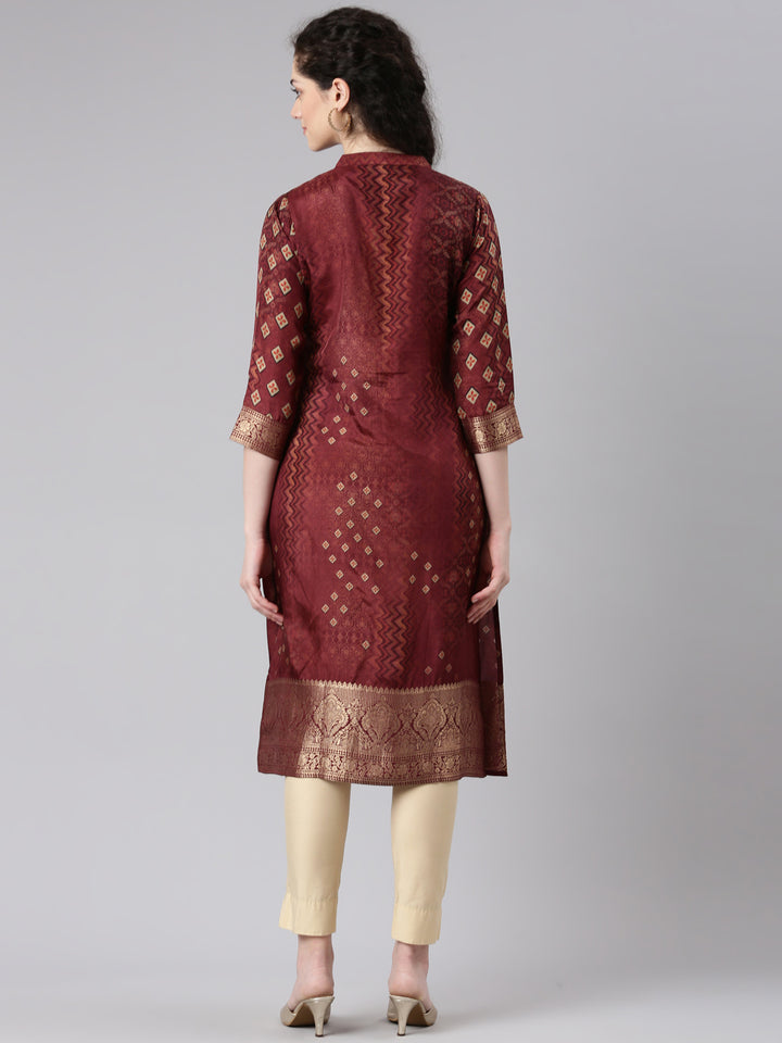 Neerus Maroon floral printed straight kurta - side view
