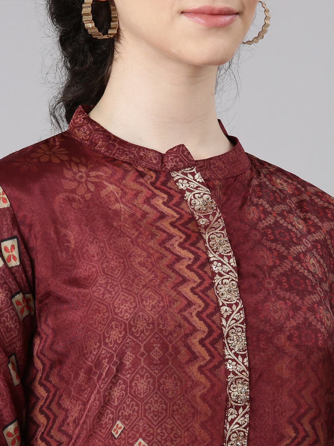 Neerus Maroon floral printed straight kurta - detail view 1
