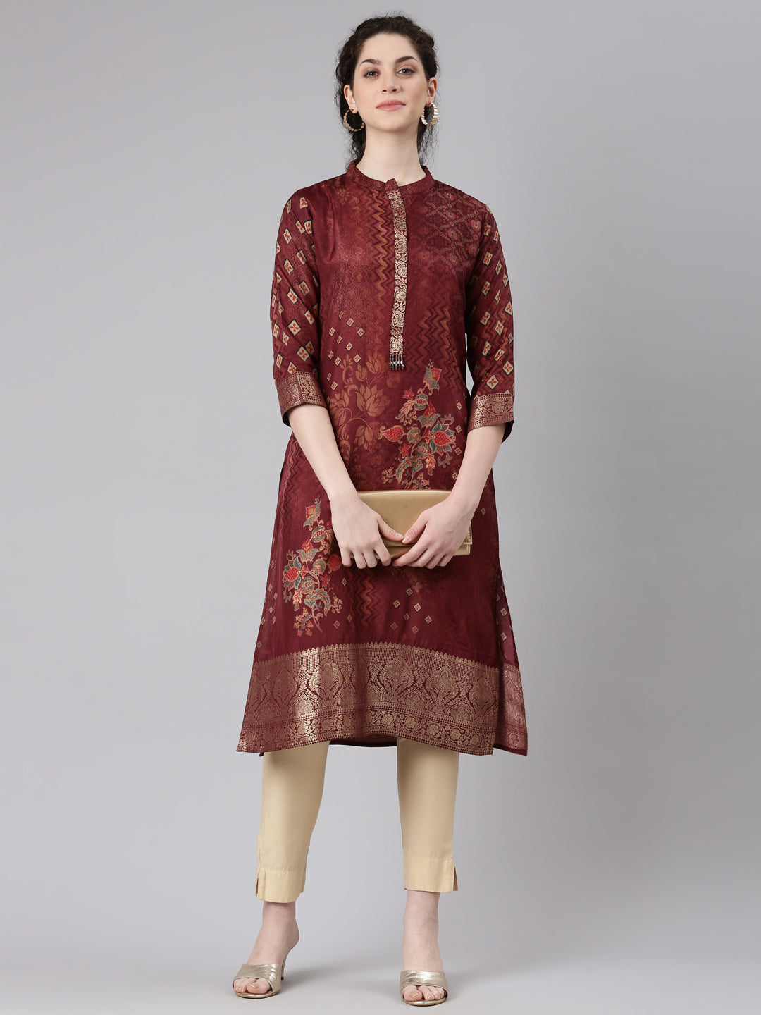 Neerus Maroon floral printed straight kurta - detail view 2