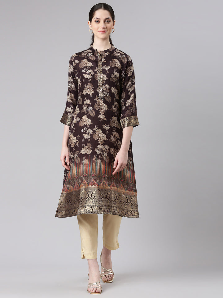 Neerus Brown printed floral straight kurta - front view