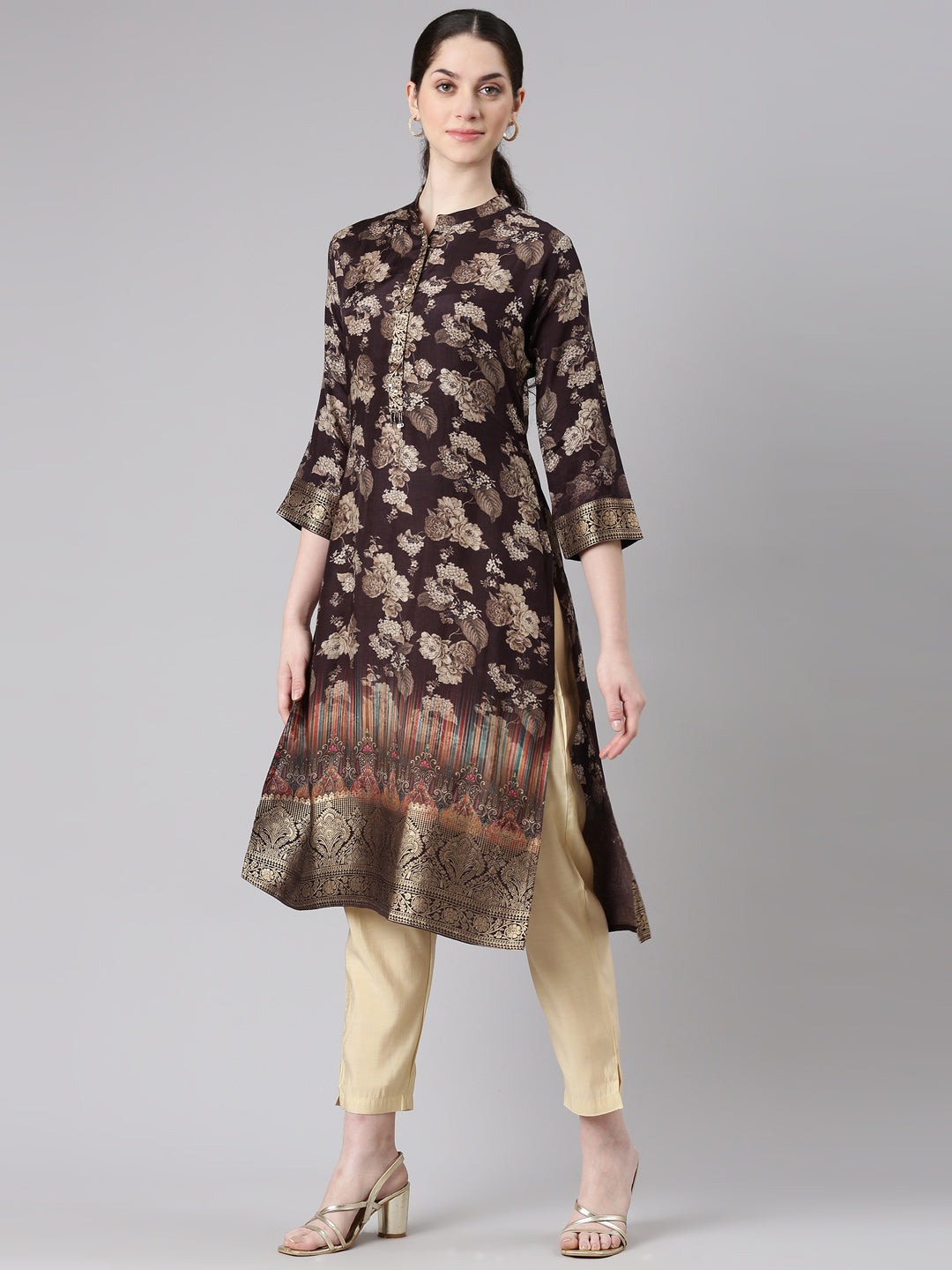 Neerus Brown printed floral straight kurta - back view