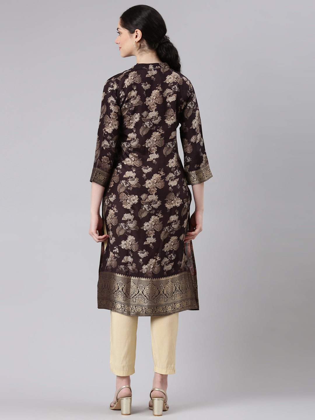 Neerus Brown printed floral straight kurta - side view