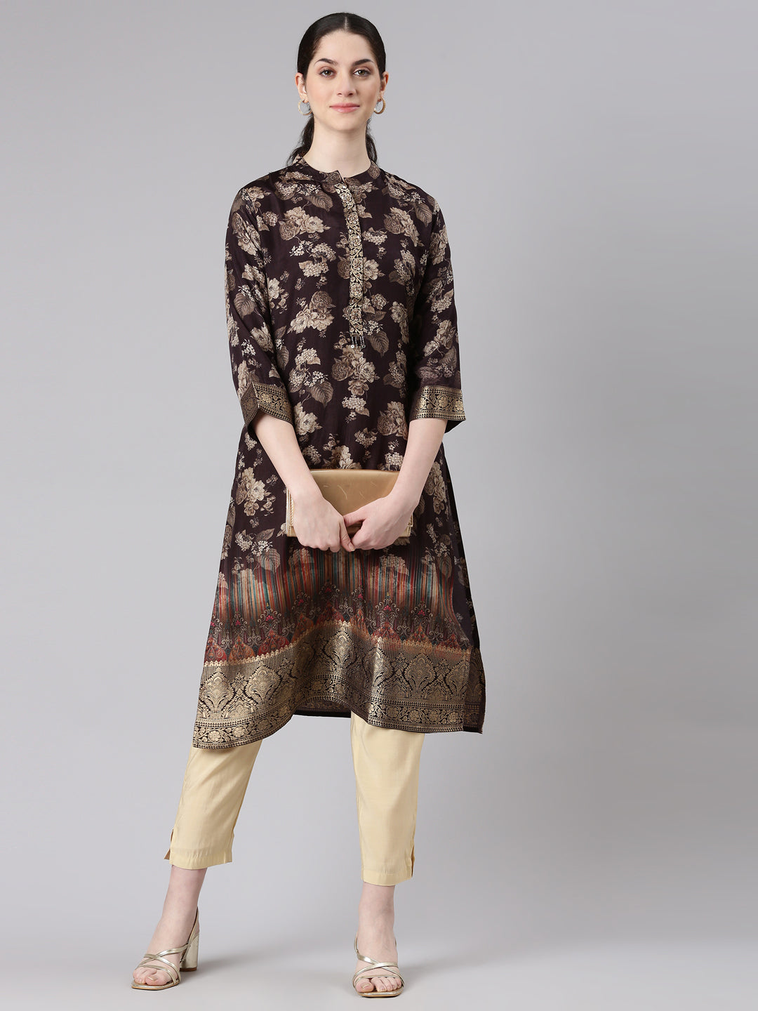 Neerus Brown printed floral straight kurta - detail view 2