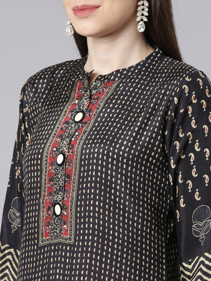 Neerus Black Printed Straight Kurta and Trousers With Dupatta