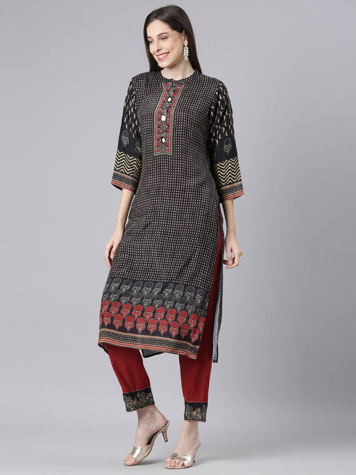 Neerus Black Printed Straight Kurta and Trousers With Dupatta