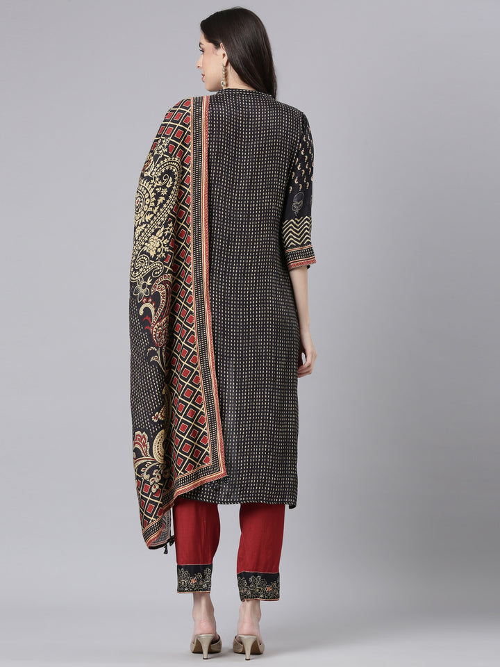 Neerus Black Printed Straight Kurta and Trousers With Dupatta