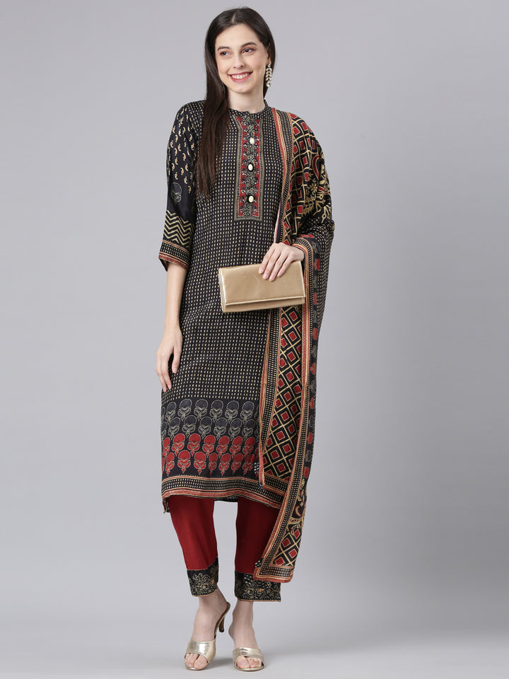 Neerus Black Printed Straight Kurta and Trousers With Dupatta