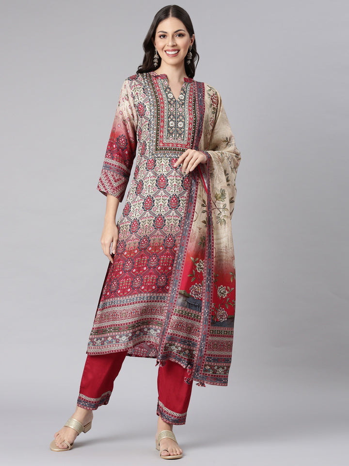 Neerus Cream Printed Straight Kurta and Trousers With Dupatta