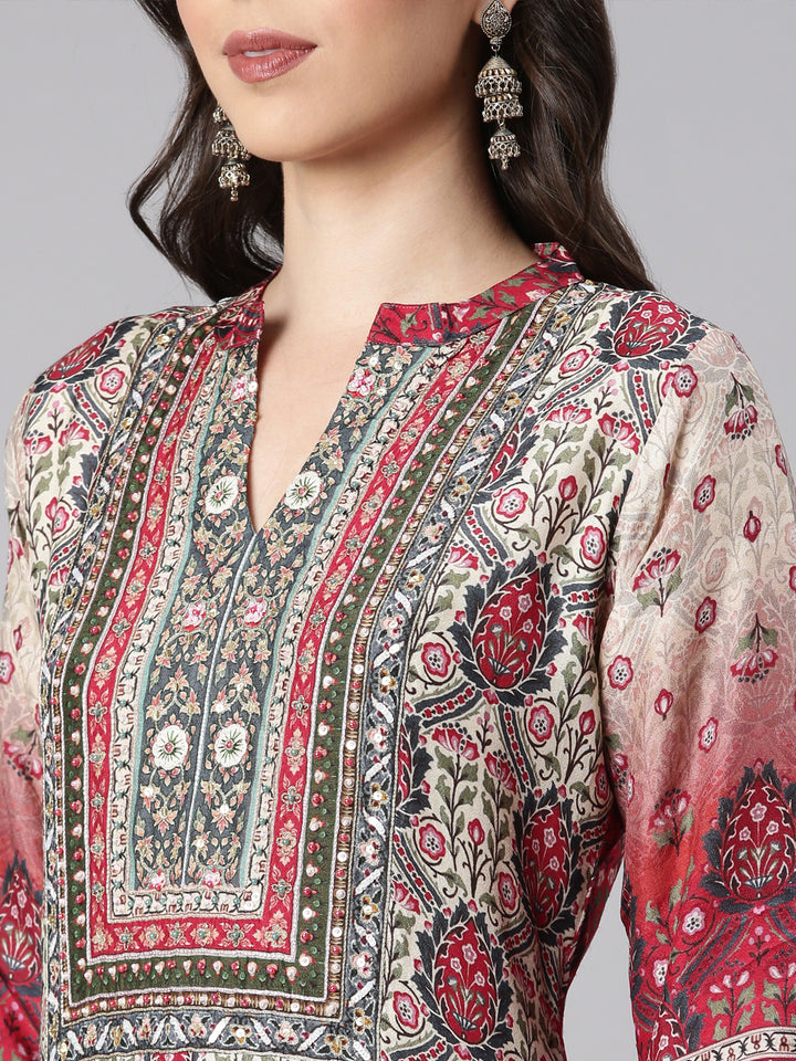 Neerus Cream Printed Straight Kurta and Trousers With Dupatta