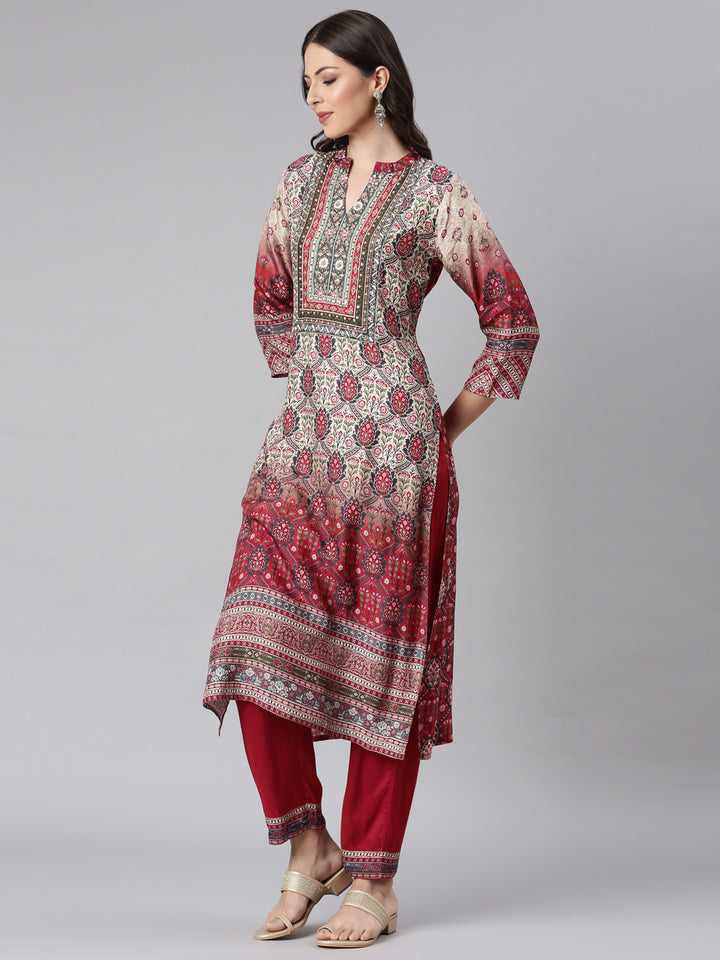 Neerus Cream Printed Straight Kurta and Trousers With Dupatta