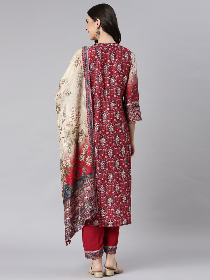 Neerus Cream Printed Straight Kurta and Trousers With Dupatta