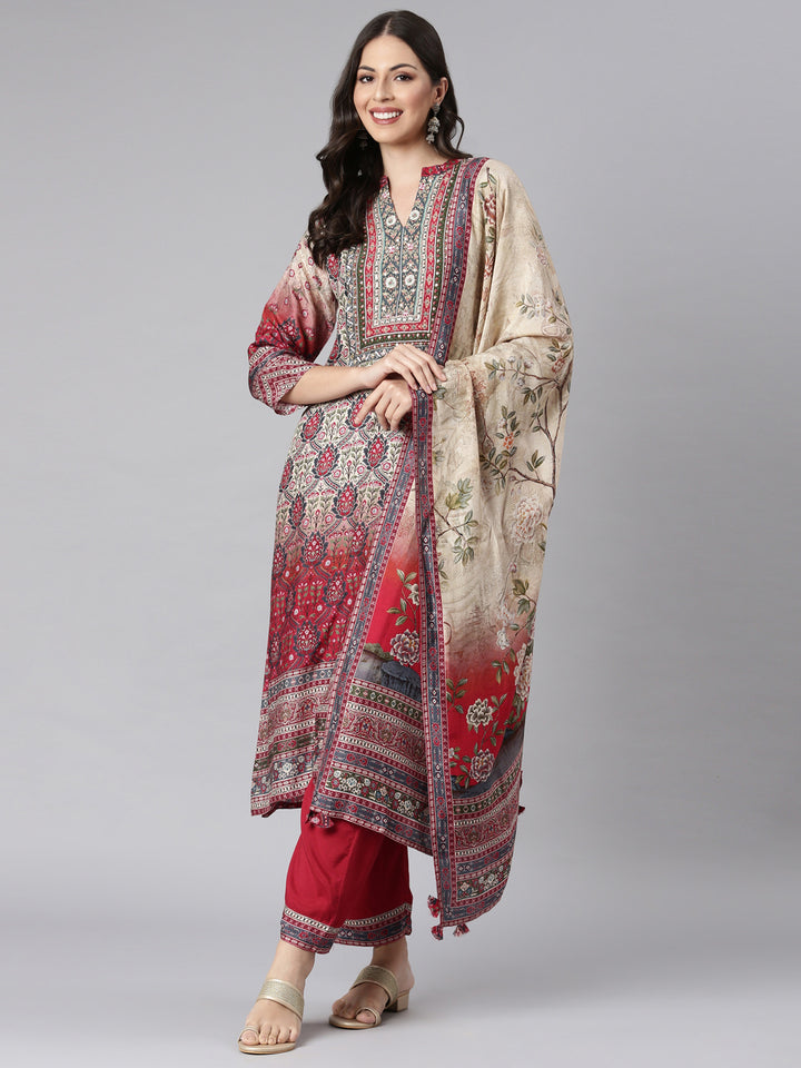 Neerus Cream Printed Straight Kurta and Trousers With Dupatta