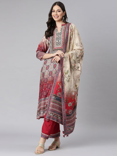 Neerus Cream Printed Straight Kurta and Trousers With Dupatta