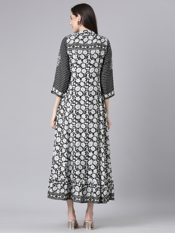 Neerus Black Curved Casual Floral Dresses.