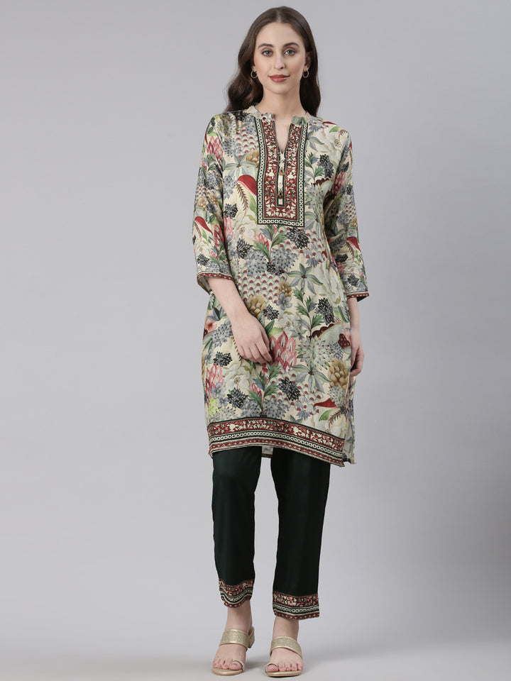 Neerus Green Printed Straight Kurta and Trousers