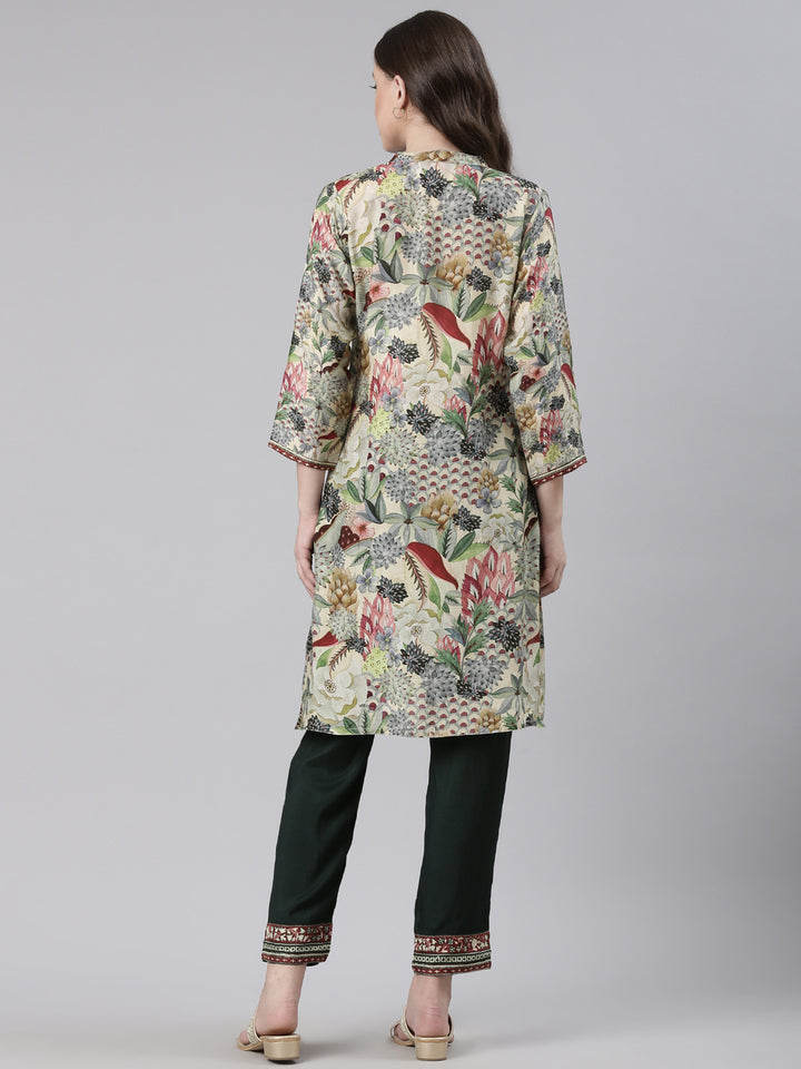 Neerus Green Printed Straight Kurta and Trousers